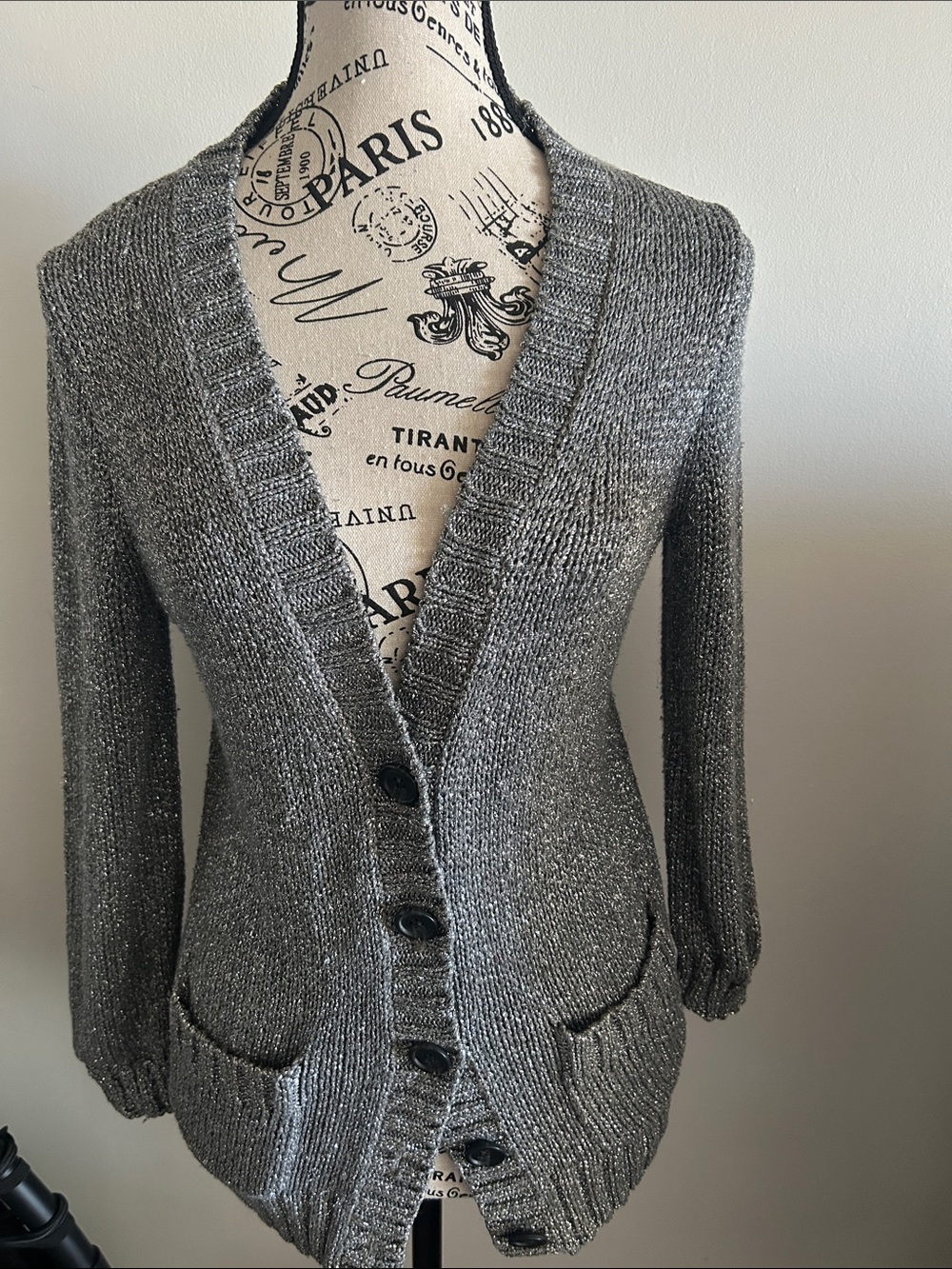 J. Crew Metallic Gray V-Neck Button Front Cardigan